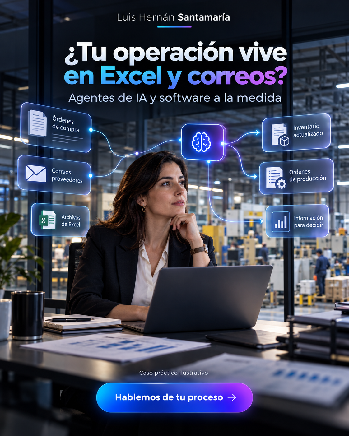 Ilustración de una responsable de operaciones con un flujo conceptual de información